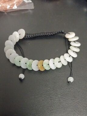 Natural Jade Discs Shamballa Bracelet With Black Cord Adjustable 65.00 ctw